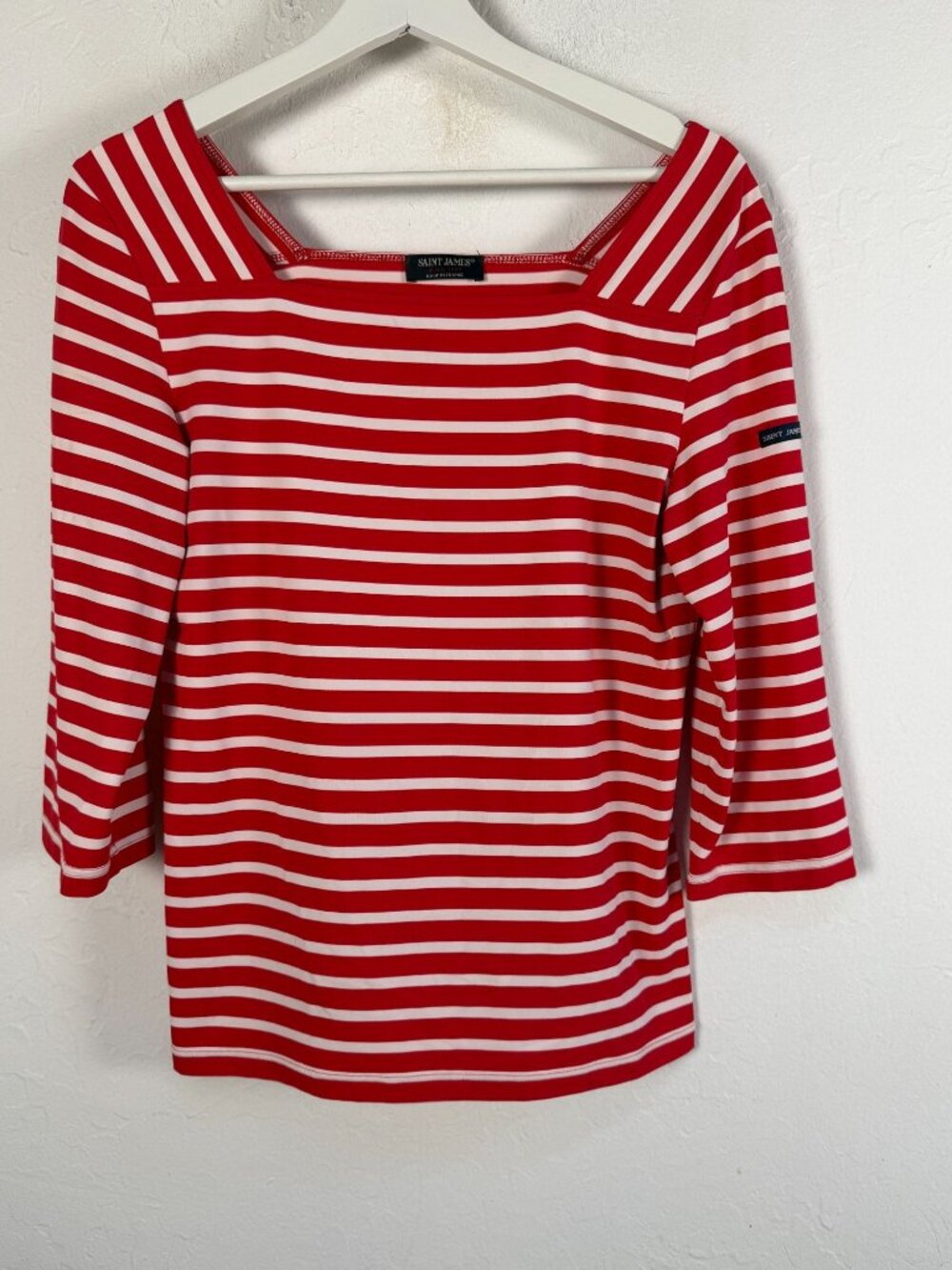 Saint James Womens Breton Striped Top Red White Square Neck 3/4 Sleeve France